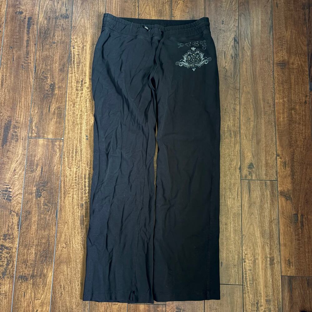 Y2K BCBG Maxazria Sweatpants Womens L Black Rhinestones Cross Gothic Grunge Emo